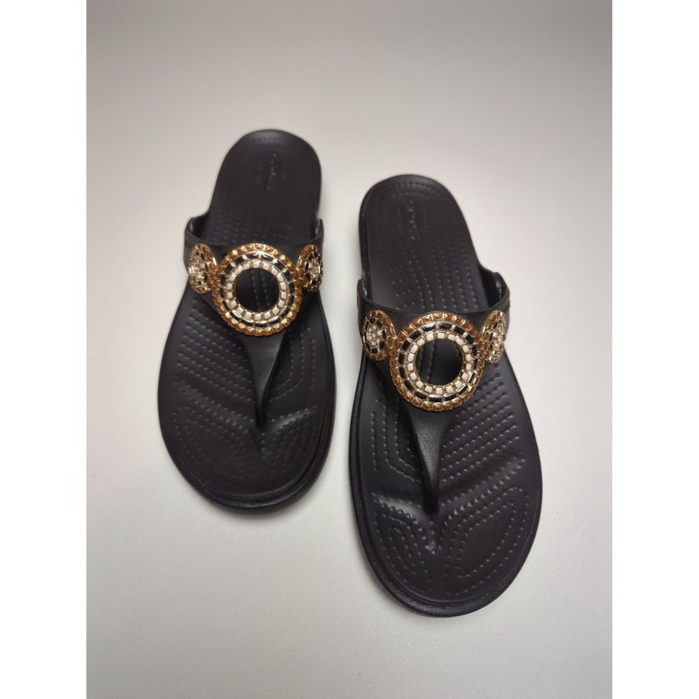 CROCS Sanrah Diamante Gold Ring Black Wedge Size 9